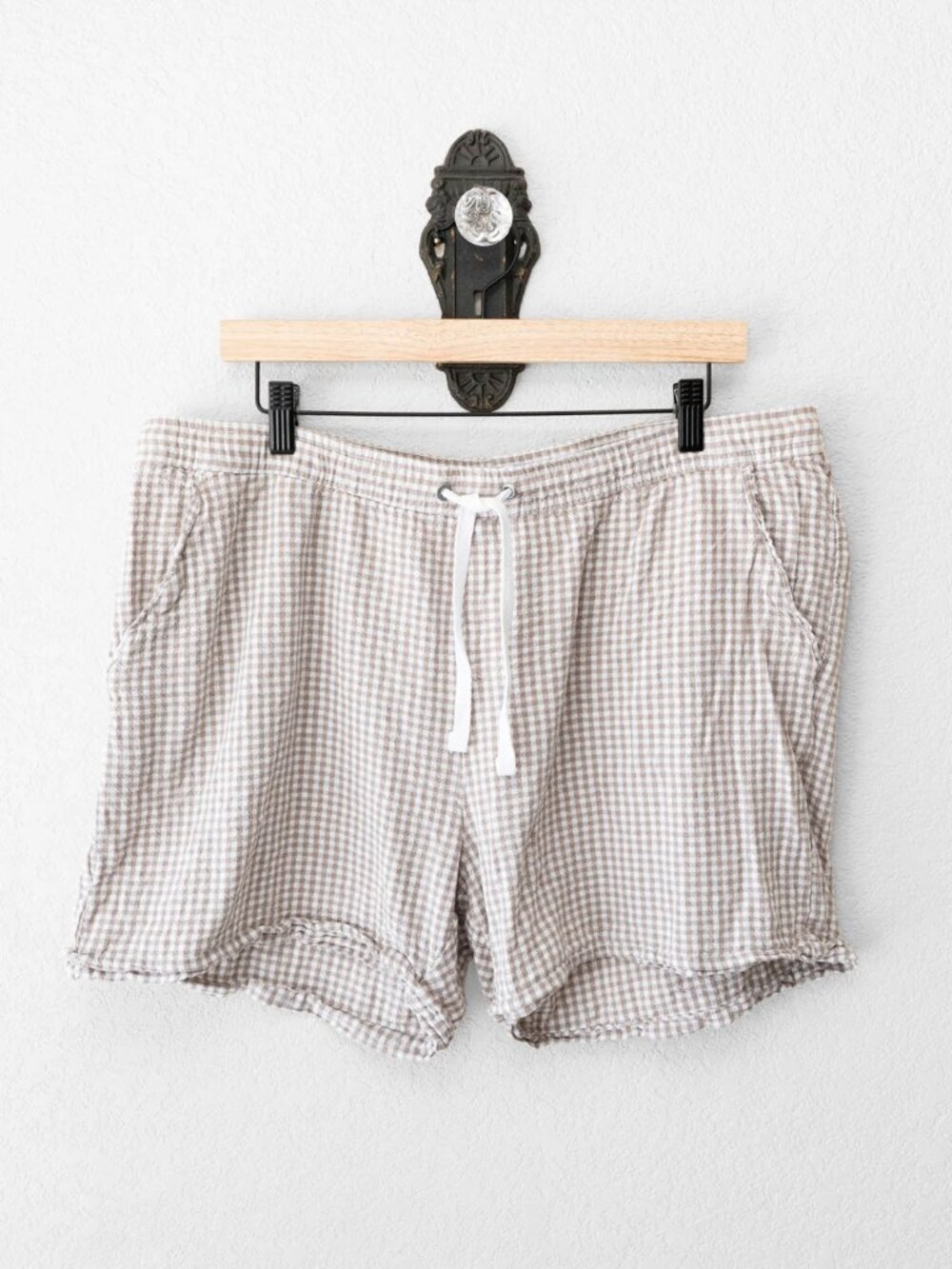 Dash Womens XL Linen Blend Shorts Tan White Gingham Check Drawstring Coastal